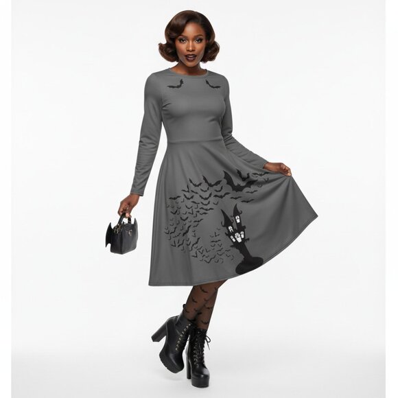 Plus Size Goth Bat Print Long Sleeve Pinup Dress with Pockets - Picture 14 of 17
